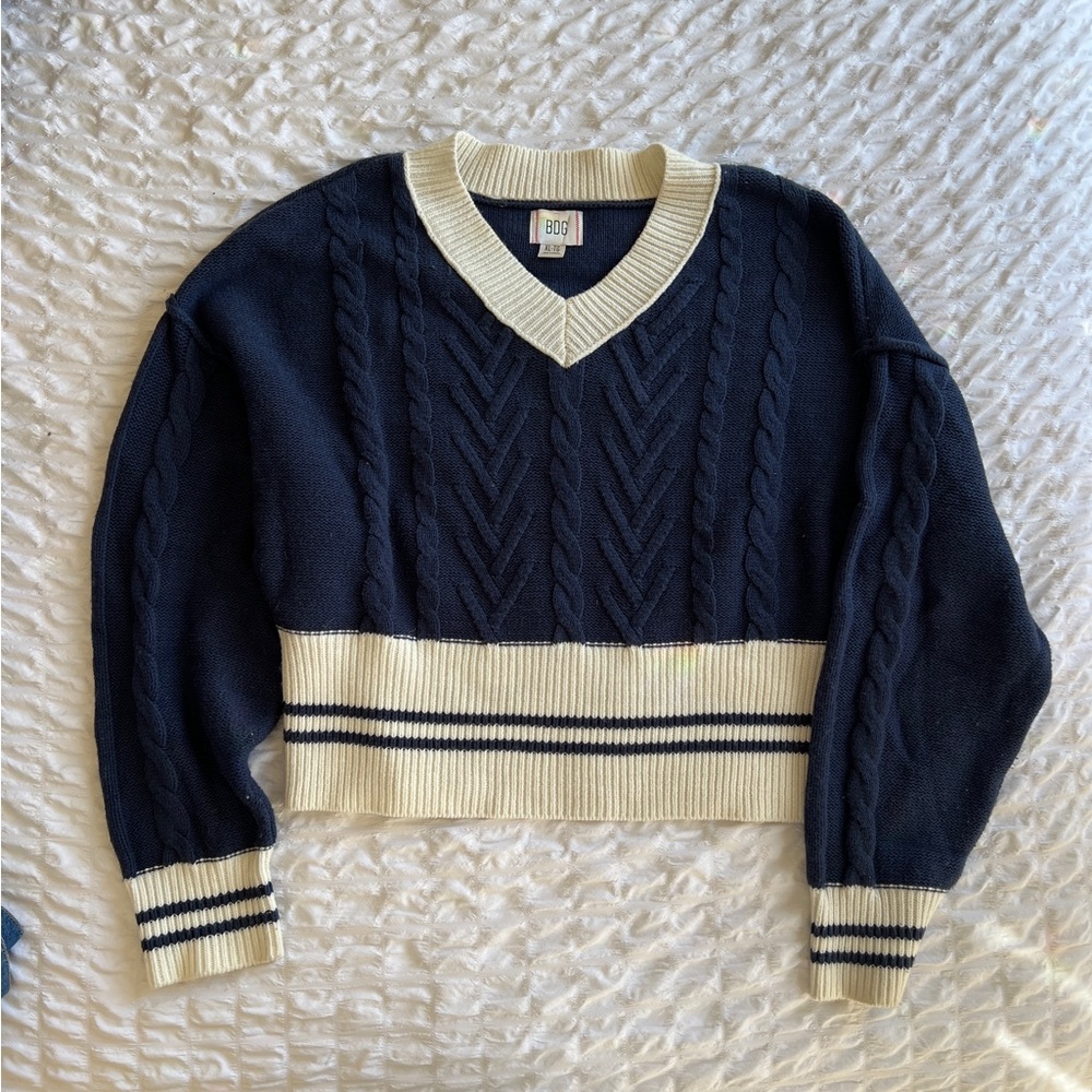 Urban Outfitters Navy and Cream Cable Knit Sweater